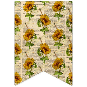 Sunflowers Dragonflies Old Newspaper Country Style Bunting