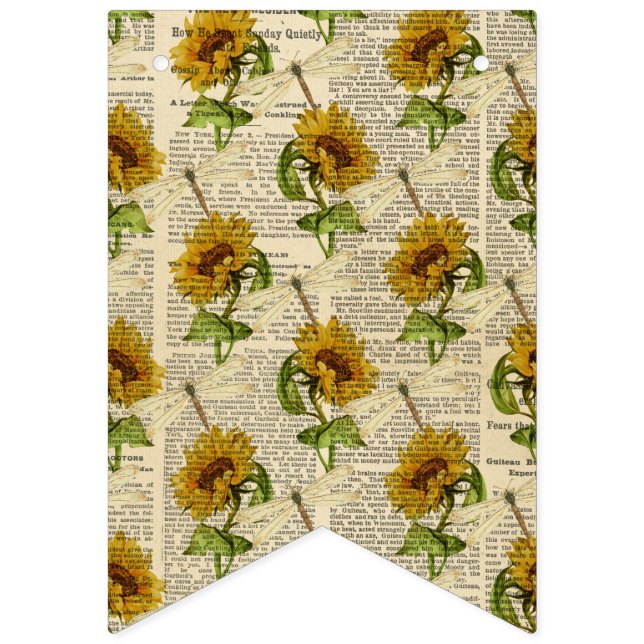 Sunflowers Dragonflies Old Newspaper Country Style Bunting (First Flag)