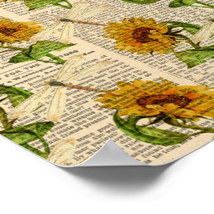 Sunflowers Dragonflies Old Newspaper Country Style Poster