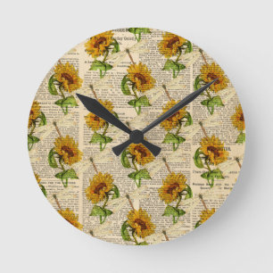 Sunflowers Dragonflies Old Newspaper Country Style Round Clock