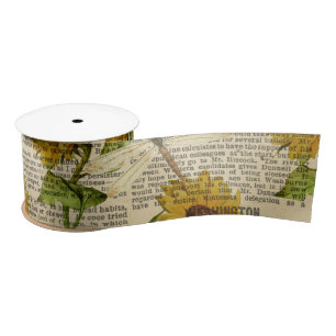 Sunflowers Dragonflies Old Newspaper Country Style Satin Ribbon