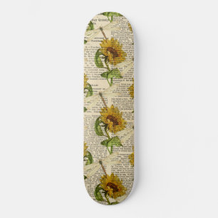 Sunflowers Dragonflies Old Newspaper Country Style Skateboard