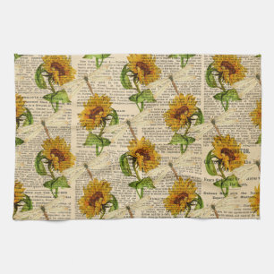Sunflowers Dragonflies Old Newspaper Country Style Tea Towel