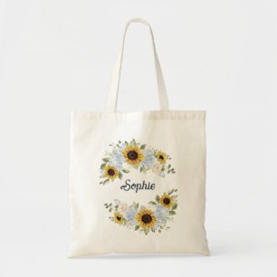 Sunflowers Dusty Blue Flora Greenery Personalised Tote Bag