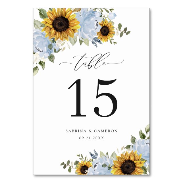 Sunflowers Dusty Blue Floral Elegant Table Number (Back)