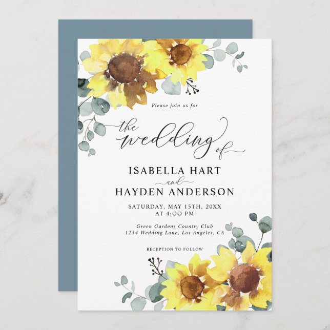 Sunflowers Dusty Blue Floral Eucalyptus Wedding Invitation (Front/Back)