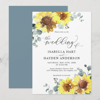 Sunflowers Dusty Blue Floral Eucalyptus Wedding Invitation