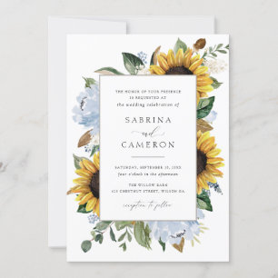 Sunflowers Dusty Blue Flowers Elegant Wedding Invitation