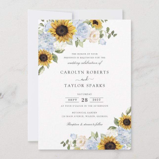 Sunflowers Dusty Blue Flowers Greenery Wedding Invitation (Front)