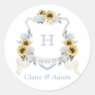 Sunflowers Dusty Blue Hydrangea Crest Envelope Classic Round Sticker