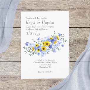 Sunflowers Dusty Blue Rose Bouquet Wedding Invitation