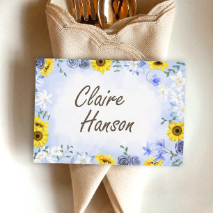 Sunflowers, Dusty Blue Roses Name Place Card