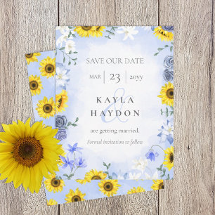 Sunflowers, Dusty Blue Roses Wedding Save the Date Invitation