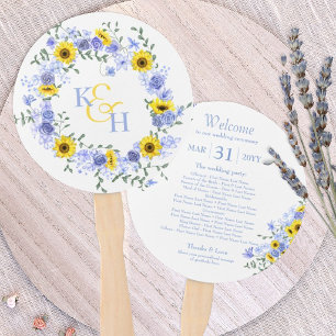 Sunflowers Dusty Blue Roses Wedding Wreath Hand Fan