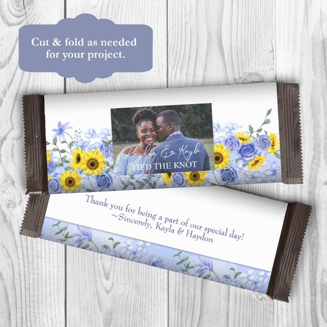 Sunflowers, Dusty Blue Wedding Candy Bar Wrapper (yellow sunflower dusty blue wedding candy bar wrappers, diy personalized chocolate bar labels)