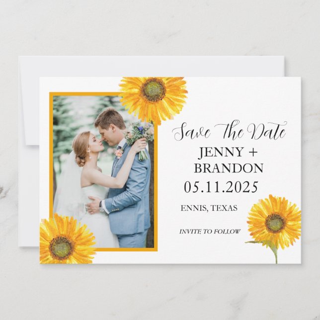 Sunflowers Elegant Modern Yellow Floral Photo  Save The Date (Front)