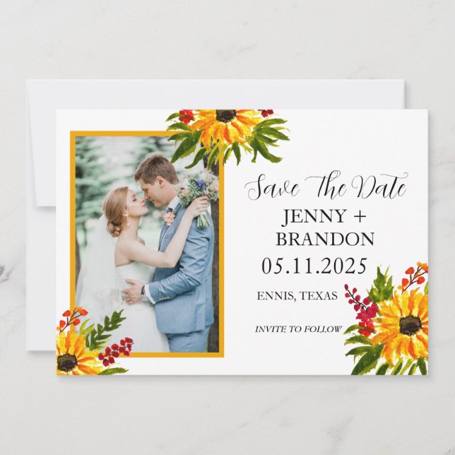 Sunflowers Elegant Modern Yellow Floral Photo  Save The Date (Front)
