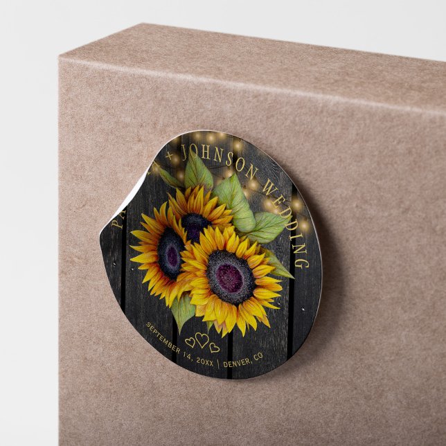 Sunflowers elegant rustic wood lights wedding classic round sticker (Creator Uploaded)