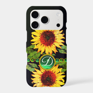 SUNFLOWERS,EMERALD GREEN GEMSTONES FLORAL MONOGRAM