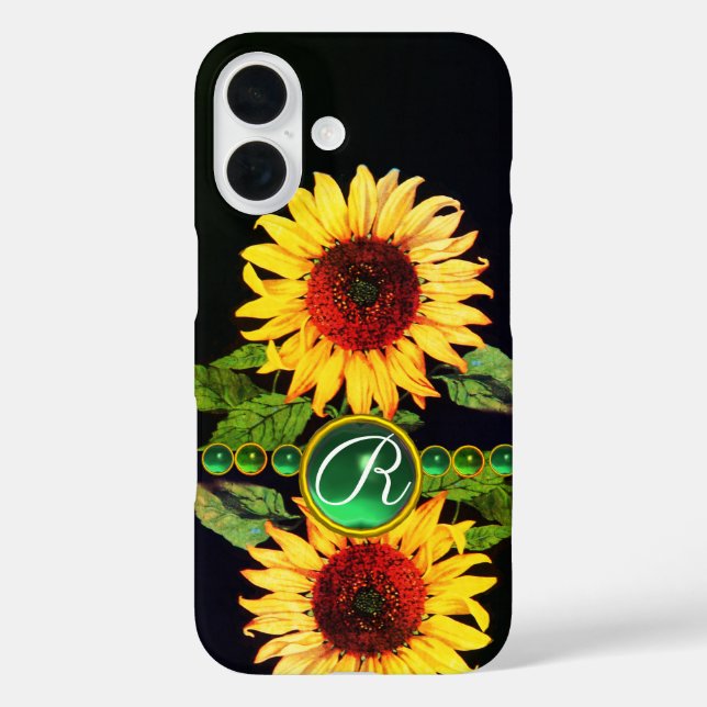SUNFLOWERS,EMERALD GREEN GEMSTONES FLORAL MONOGRAM Case-Mate iPhone CASE (Back)