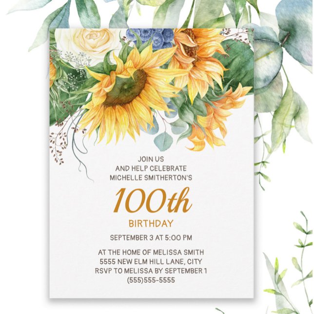 Sunflowers Eucalyptus 100th Birthday Postcard (Sunflowers and eucalyptus 100th birthday party invitation)