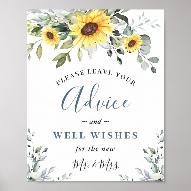 Sunflowers Eucalyptus Advice & Wishes Wedding Sign (Front)