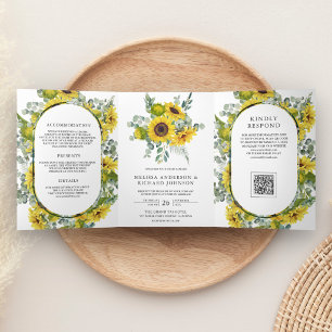 Sunflowers Eucalyptus All in One QR Code Wedding Tri-Fold Invitation
