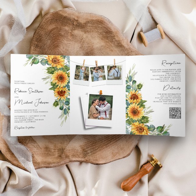 Sunflowers Eucalyptus All in One QR Code Wedding Tri-Fold Invitation (Creator Uploaded)