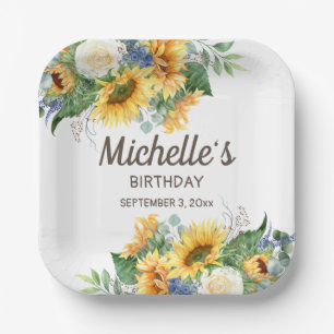 Sunflowers Eucalyptus Birthday Party Name Date Paper Plate