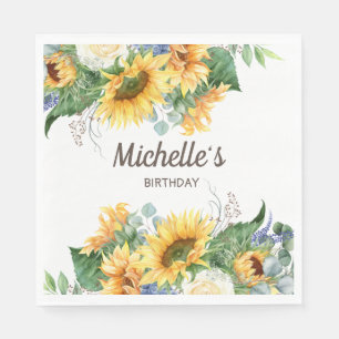 Sunflowers Eucalyptus Birthday Party Name White Napkin