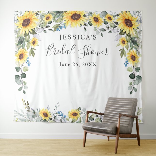 Sunflowers Eucalyptus Bridal Shower Photo Backdrop Tapestry (In Situ (Horizontal))