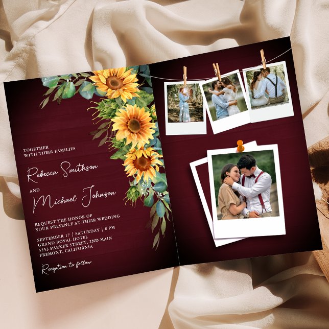 Sunflowers Eucalyptus Burgundy QR Code Wedding Invitation (Creator Uploaded)