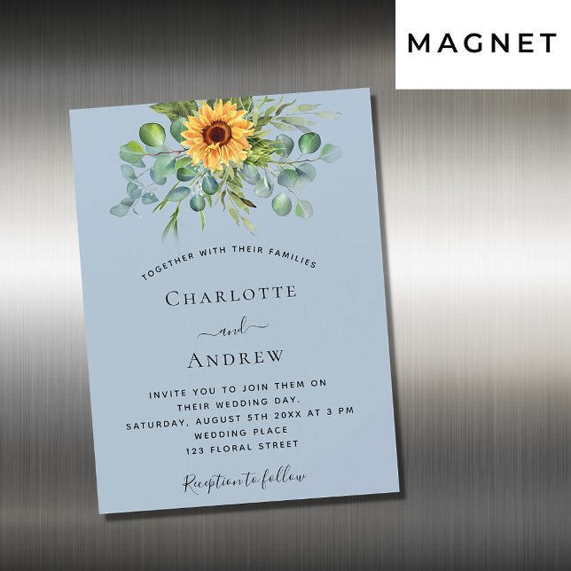 Sunflowers eucalyptus dusty blue luxury wedding magnetic invitation (Creator Uploaded)