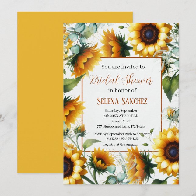 Sunflowers Eucalyptus Floral Bride Bridal Shower  Invitation (Front/Back)