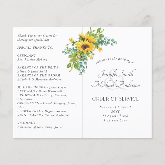 Sunflowers Eucalyptus Floral Leaf Wedding Programs (Front)