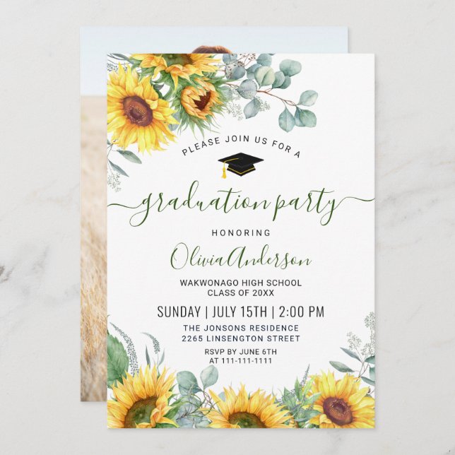 Sunflowers Eucalyptus Graduation Party PHOTO Invitation (Front/Back)