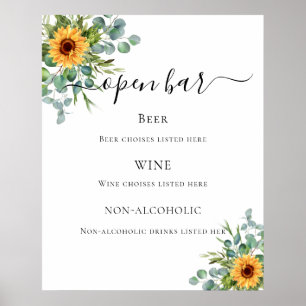 Sunflowers eucalyptus greenery bar menu poster