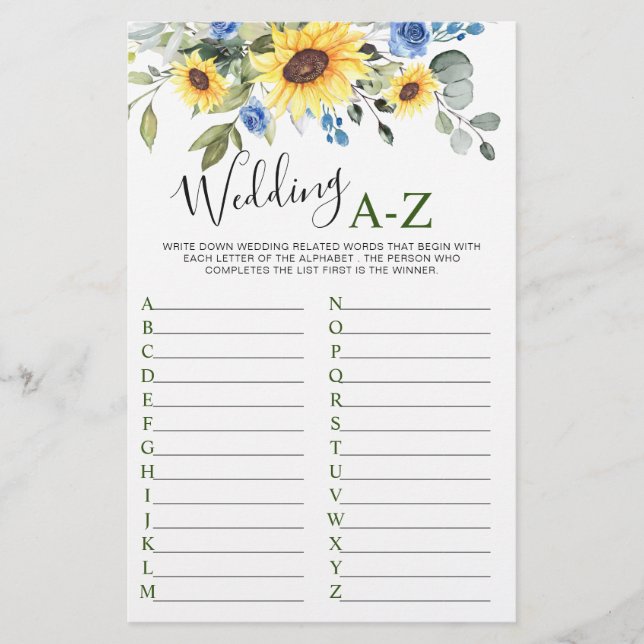 Sunflowers Eucalyptus Greenery Bridal Shower Game (Front)