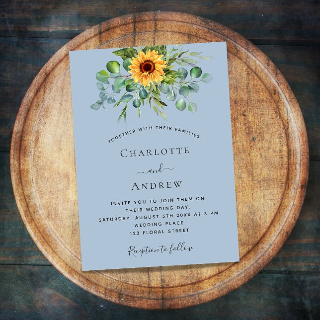 Sunflowers eucalyptus greenery dusty blue wedding invitation postcard (Creator Uploaded)
