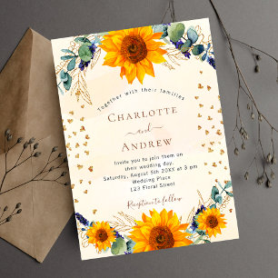 Sunflowers eucalyptus greenery gold hearts wedding invitation
