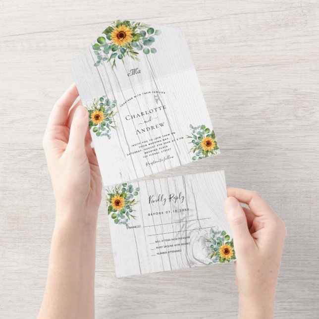 Sunflowers eucalyptus greenery white wood wedding all in one invitation (Tearaway)