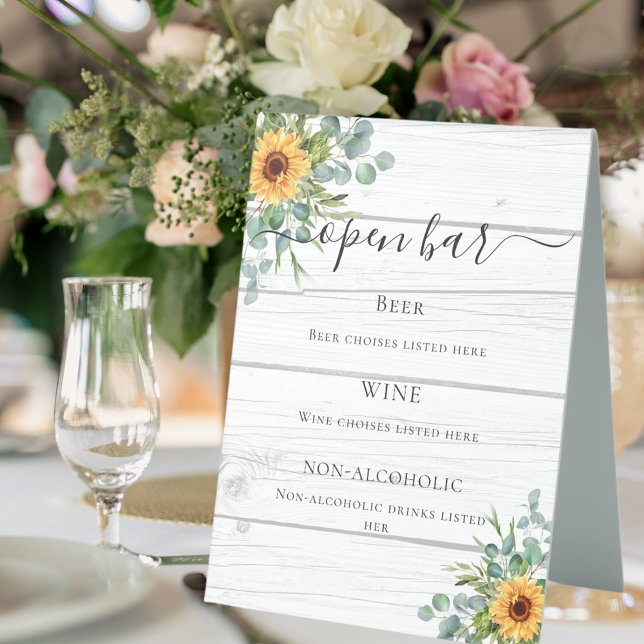 Sunflowers eucalyptus greenery wood bar menu (Creator Uploaded)