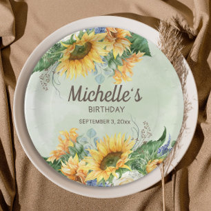 Sunflowers Eucalyptus Leaves Birthday Name Date Paper Plate