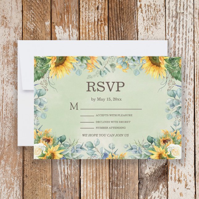 Sunflowers Eucalyptus Leaves Wedding RSVP Card (Creator Uploaded)