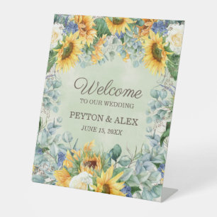 Sunflowers Eucalyptus Leaves Wedding Welcome Pedestal Sign