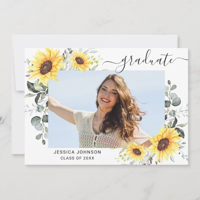 Sunflowers Eucalyptus PHOTO Grad Graduation Party  Invitation (Front)