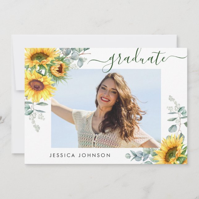 Sunflowers Eucalyptus PHOTO Graduation Party Invitation (Front)