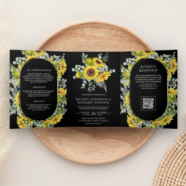 Sunflowers Eucalyptus QR Code Black Wedding Tri-Fold Invitation (Creator Uploaded)