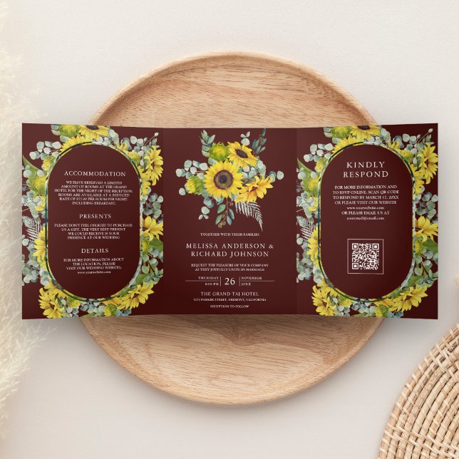 Sunflowers Eucalyptus QR Code Burgundy Wedding Tri-Fold Invitation (Creator Uploaded)