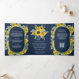 Sunflowers Eucalyptus QR Code Navy Blue Wedding Tri-Fold Invitation